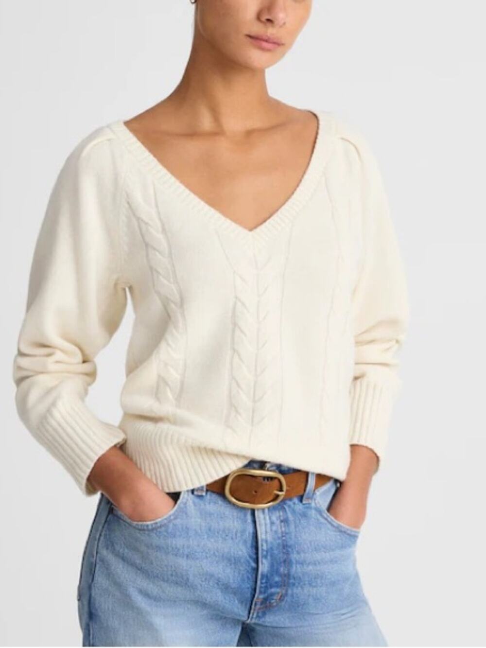 Madewell V-Neck Pullover Sweater in Merino Wool in cream Size L